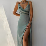 Elegant Evening Dress  Sage Green Fitted Gown With Side Slit - Detailed view