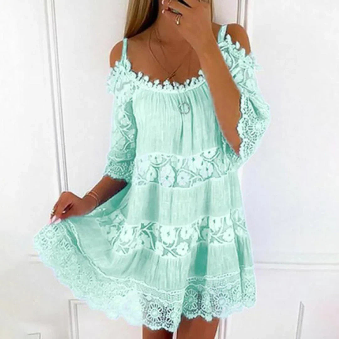 Boho Cotton Mini Dress  Lace Embroidered Cold Shoulder Design - Product detail 7