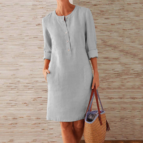 Linen Summer Shift Dress  Button-Front Roll-Up Sleeves - Product detail 10