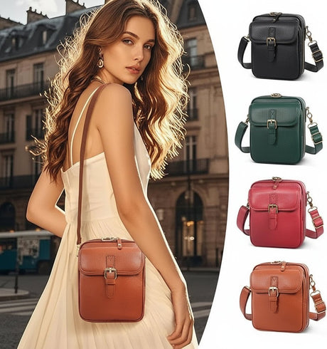 Leather Crossbody Bag  Anti-Theft Compact Square Design - Product showcase