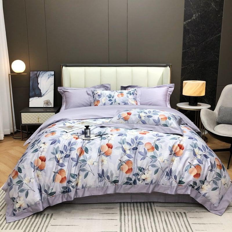Floral Cotton Bedding Set  Lavender  Peach Botanical Pattern - Product showcase