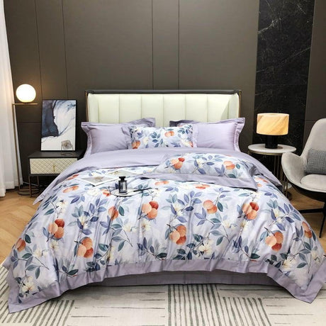 Floral Cotton Bedding Set  Lavender  Peach Botanical Pattern - Product showcase