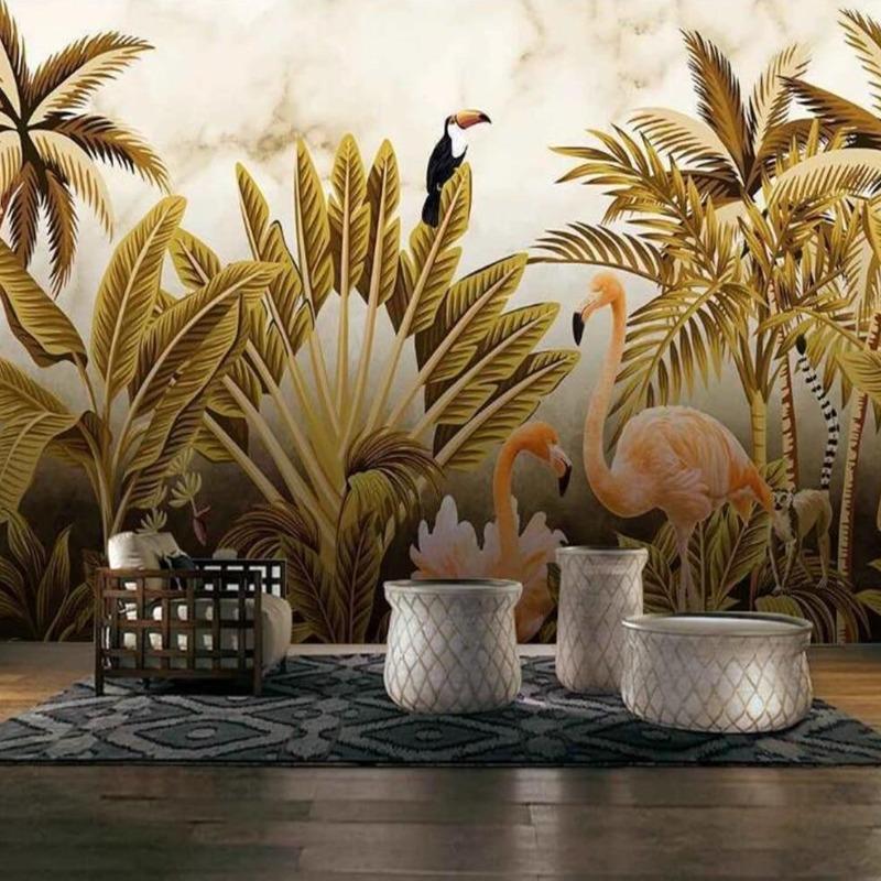 Tropical Mural Wallpaper | Golden Palm Leaves with Flamingos and Toucan