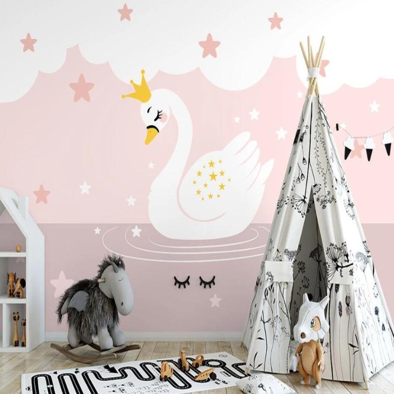 Swan Princess Mural Wallpaper | Pink Starry Design with Crown