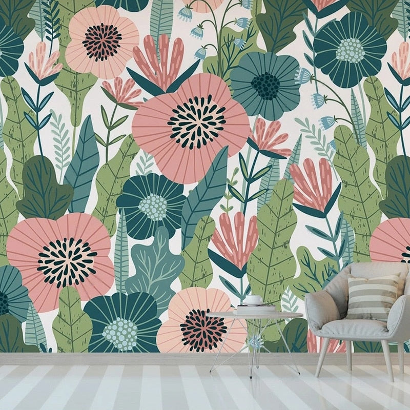 Floral Mural Wallpaper | Pink and Teal Botanical Pattern