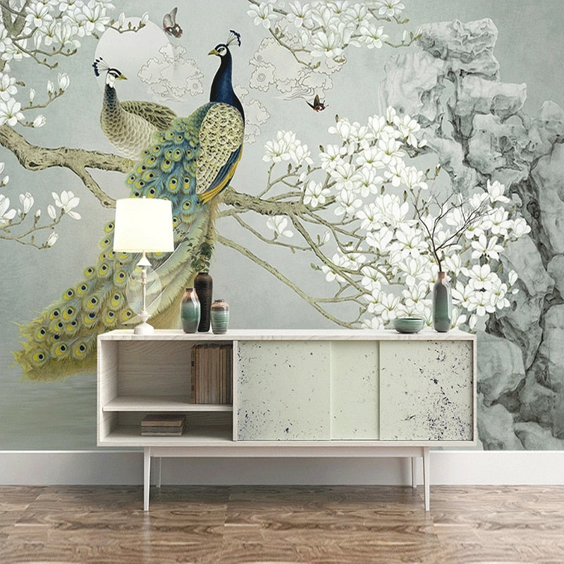 Peacock Mural Wallpaper | Oriental Cherry Blossom Art
