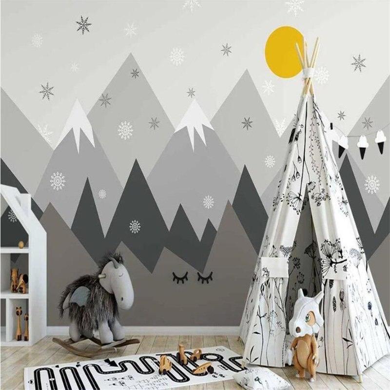 Mountain Mural Wallpaper | Snowy Peaks with Golden Sun
