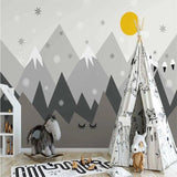 Mountain Mural Wallpaper | Snowy Peaks with Golden Sun