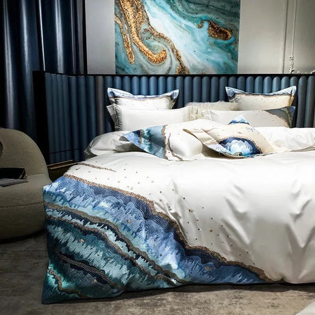 Luxury Egyptian Cotton Duvet Set  Ocean Wave Design With Gold Accents - Product detail 14