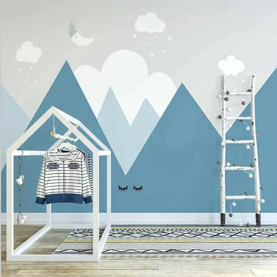 Mountain Mural Wallpaper | Blue Peaks with Dreamy Clouds