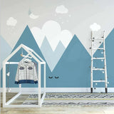 Mountain Mural Wallpaper | Blue Peaks with Dreamy Clouds