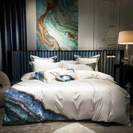 Luxury Egyptian Cotton Duvet Set  Ocean Wave Design With Gold Accents - Product showcase