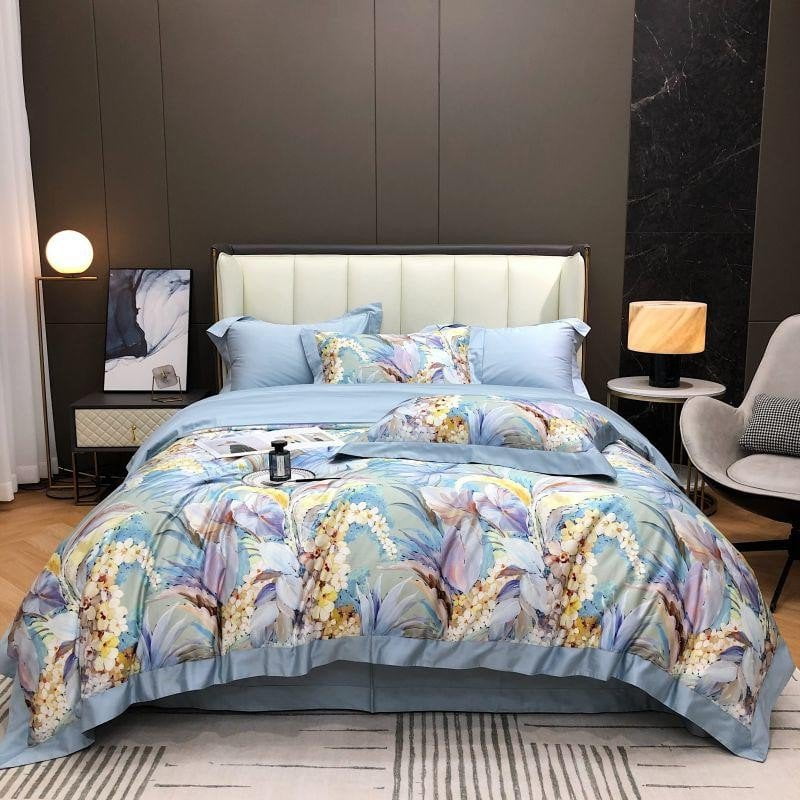Luxury Egyptian Cotton Bedding Set  Floral Blue Pattern Design - Product showcase
