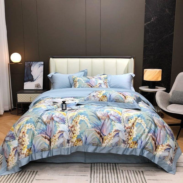 Luxury Egyptian Cotton Bedding Set  Floral Blue Pattern Design - Product showcase