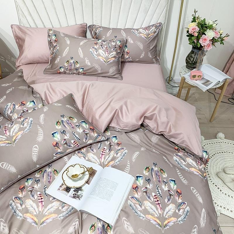 Floral Egyptian Cotton Duvet Set  Blush Pink  Gray Botanical Pattern - Detailed view