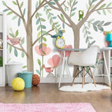 Forest Birds Mural Wallpaper | Enchanted Garden with Pink Flowers