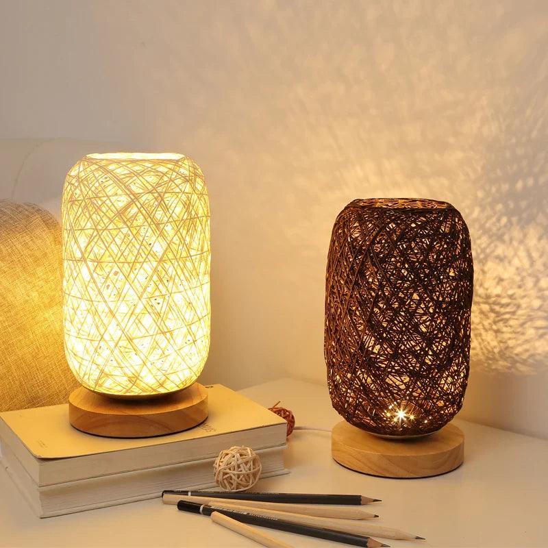 Rattan Table Lamp  Woven Rope Shade With Wood Base - Detailed view