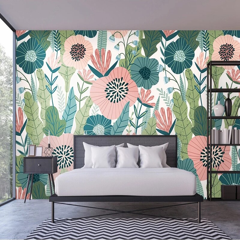 Floral Mural Wallpaper | Pink and Teal Botanical Pattern