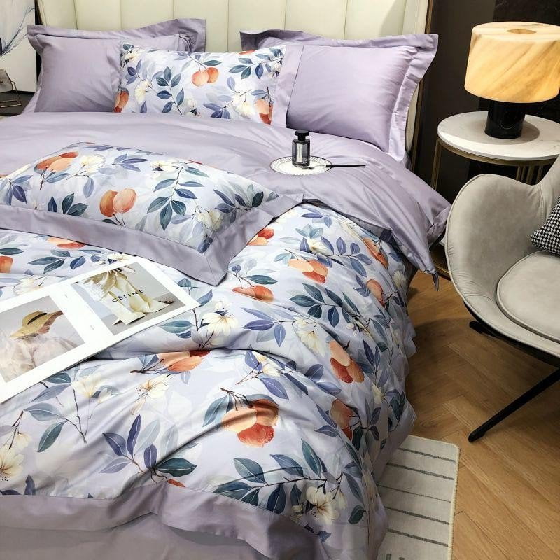 Floral Cotton Bedding Set  Lavender  Peach Botanical Pattern - Detailed view