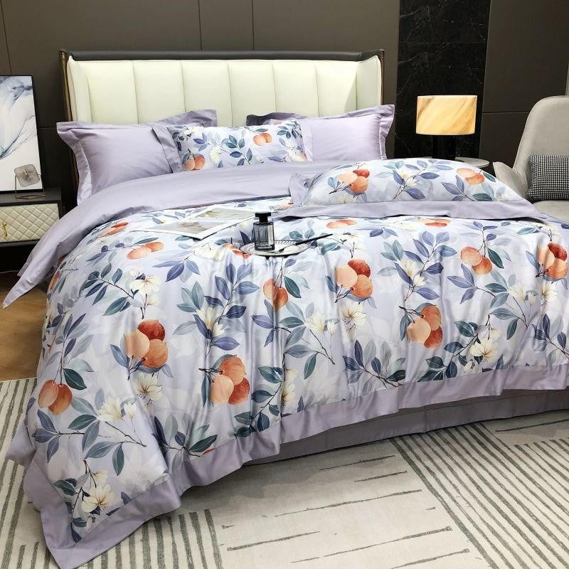 Floral Cotton Bedding Set  Lavender  Peach Botanical Pattern - Product example