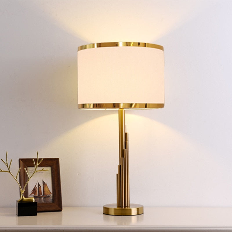 Art Deco Table Lamp  Brass Column with Linen Shade - Detailed view