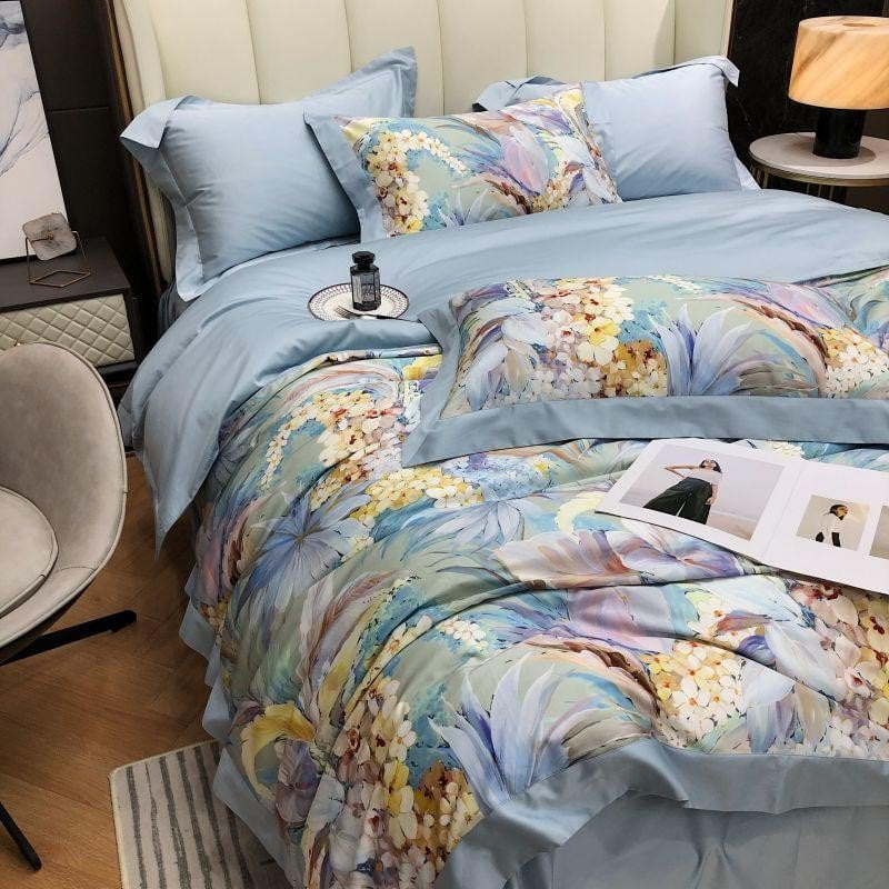 Luxury Egyptian Cotton Bedding Set  Floral Blue Pattern Design - Detailed view