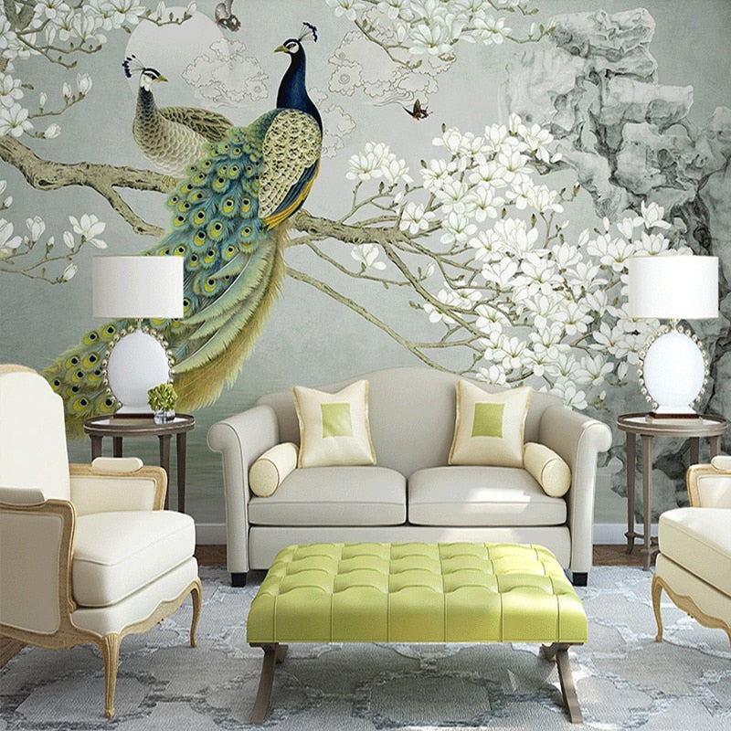 Peacock Mural Wallpaper | Oriental Cherry Blossom Art