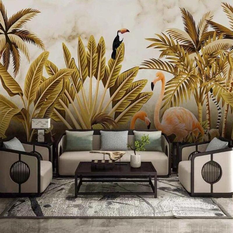 Tropical Mural Wallpaper | Golden Palm Leaves with Flamingos and Toucan