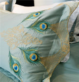 Luxury Egyptian Cotton Duvet Set  Peacock Feather Embroidery in Teal - Detailed view
