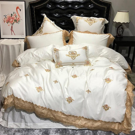 Luxury Egyptian Cotton Bedding Set  Gold Lace Embroidered Design - Product showcase