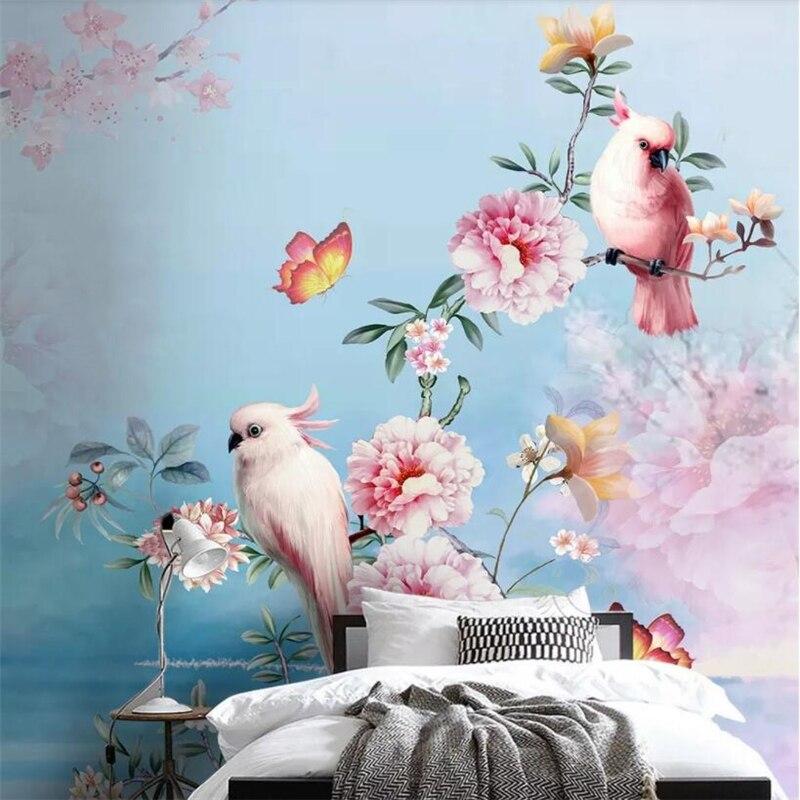 Birds Mural Wallpaper | Pink Cockatoo with Peonies and Butterflies