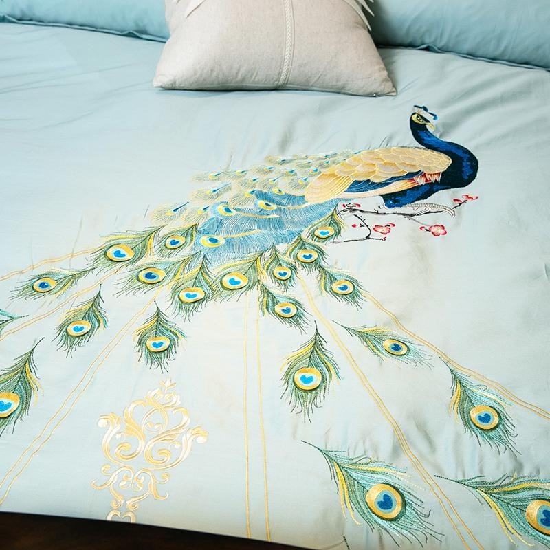 Luxury Egyptian Cotton Duvet Set  Peacock Feather Embroidery in Teal - Product example