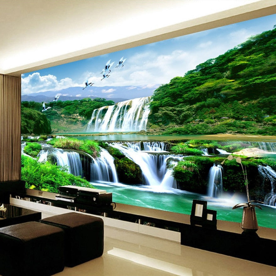 Nature Mural Wallpaper | Waterfall Paradise with Flying Birds
