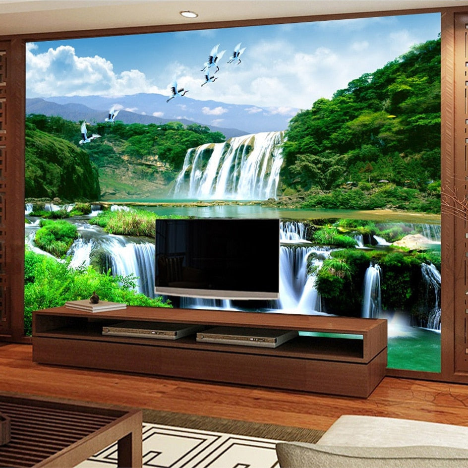 Nature Mural Wallpaper | Waterfall Paradise with Flying Birds