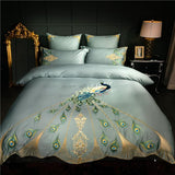 Luxury Egyptian Cotton Duvet Set  Peacock Feather Embroidery in Teal - Product showcase