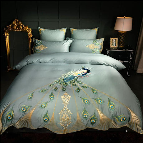 Luxury Egyptian Cotton Duvet Set  Peacock Feather Embroidery in Teal - Product showcase