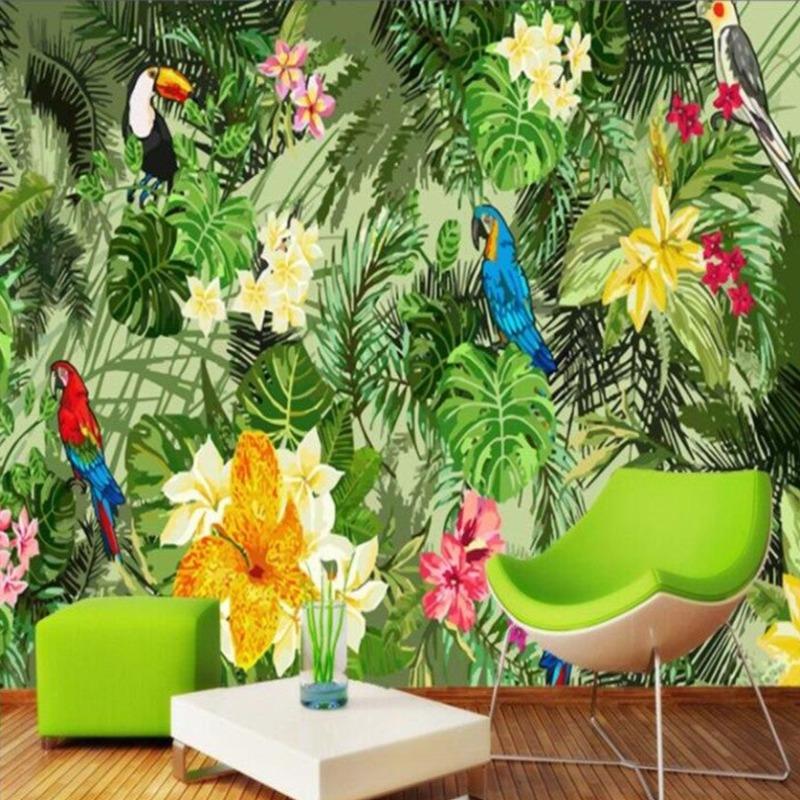 Tropical Birds Mural Wallpaper | Exotic Parrots and Monstera Leaves