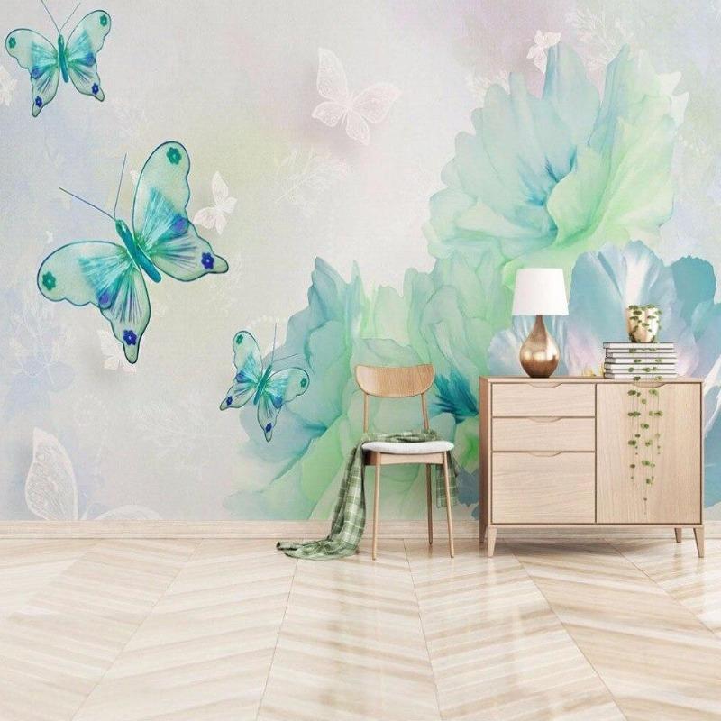Butterfly Mural Wallpaper | Turquoise Watercolor Floral Design