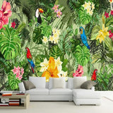 Tropical Birds Mural Wallpaper | Exotic Parrots and Monstera Leaves