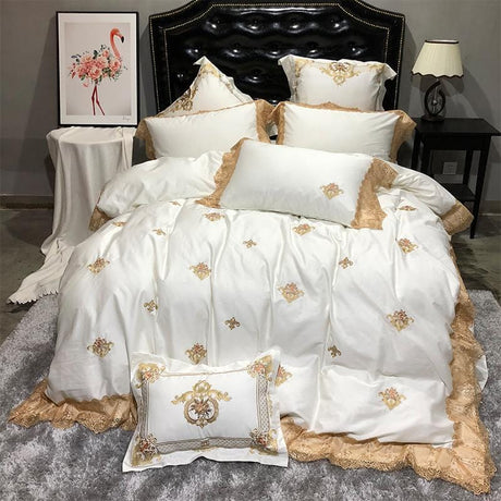 Luxury Egyptian Cotton Bedding Set  Gold Lace Embroidered Design - Detailed view