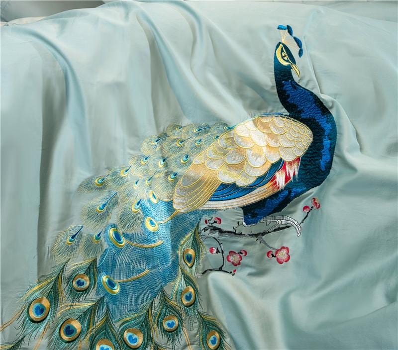 Luxury Egyptian Cotton Duvet Set  Peacock Feather Embroidery in Teal - Product detail 4