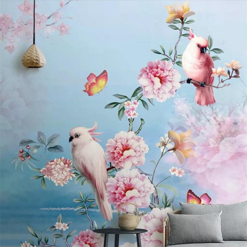Birds Mural Wallpaper | Pink Cockatoo with Peonies and Butterflies