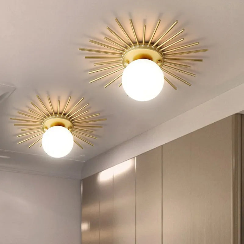 Sunburst Ceiling Light  Gold Metal Globe Fixture - Detailed view