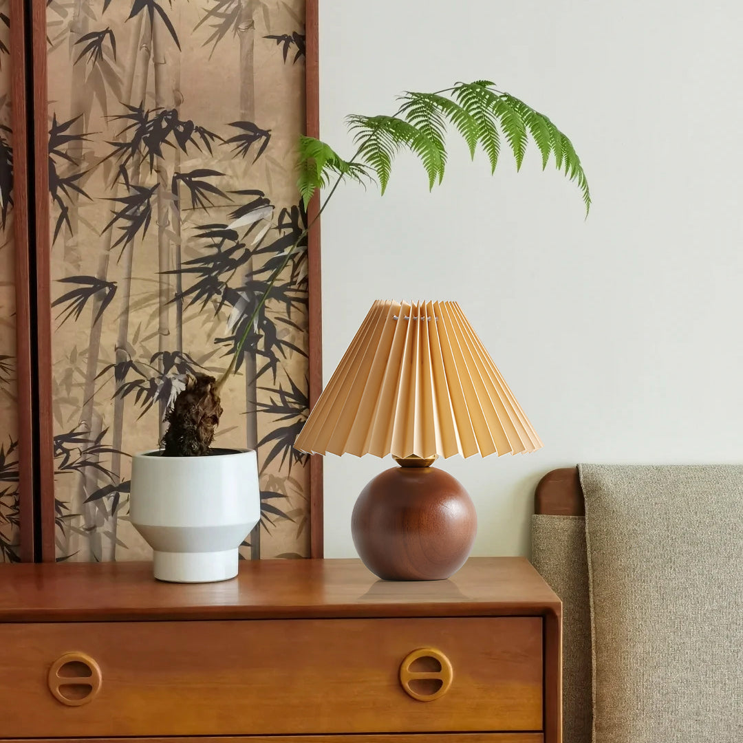 Scandinavian Table Lamp  Wooden Sphere Base with Pleated Shade - Product detail 9
