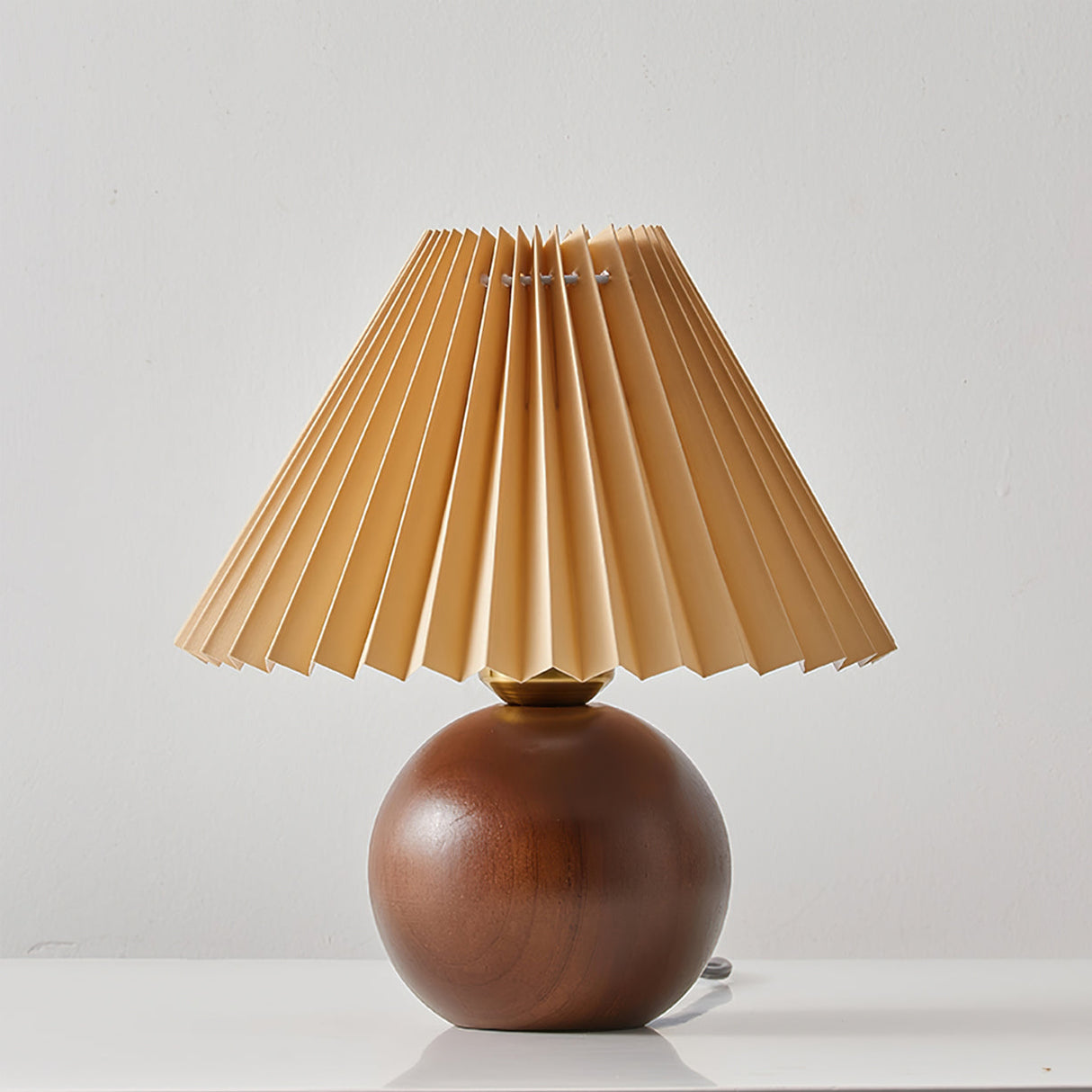 Scandinavian Table Lamp  Wooden Sphere Base with Pleated Shade - Detailed view