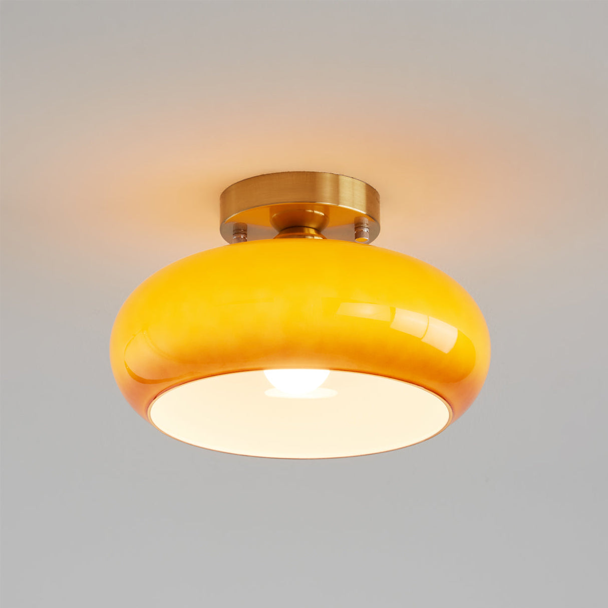 Modern Glass Ceiling Light  Amber Dome Shade With Gold Base - Detailed view