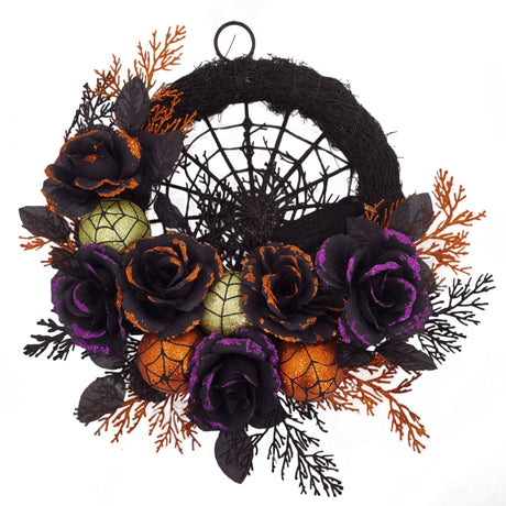 Gothic Halloween Wreath  Black Rose Spiderweb Design - Product showcase