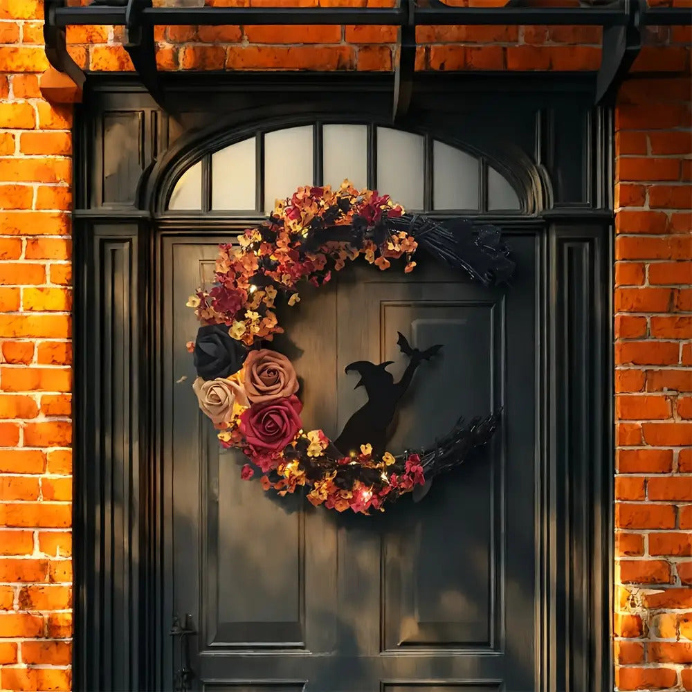 Halloween Door Wreath  Crescent Moon Witch Floral Design - Detailed view