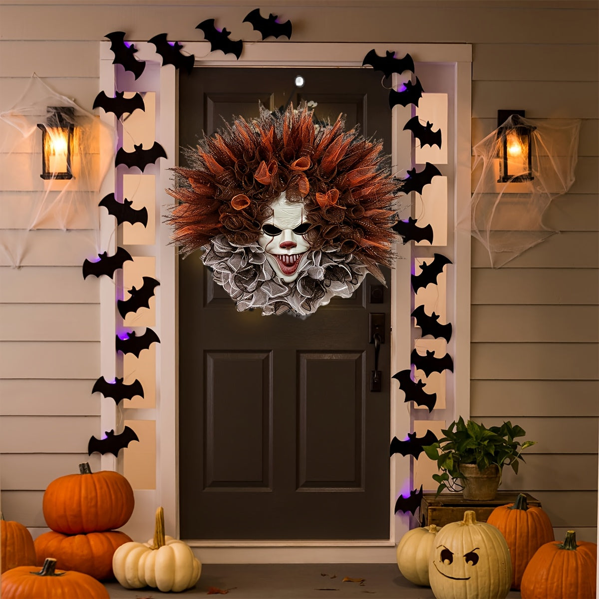 Halloween Clown Door Wreath  Layered Mesh Design With Scary Face - Detailed view