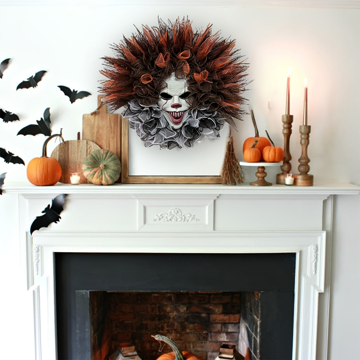 Halloween Clown Door Wreath  Layered Mesh Design With Scary Face - Product example
